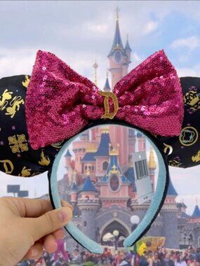 Disneyland Minnie Ears Headband Pink Sequined Bow Sleeping Beauty Castle